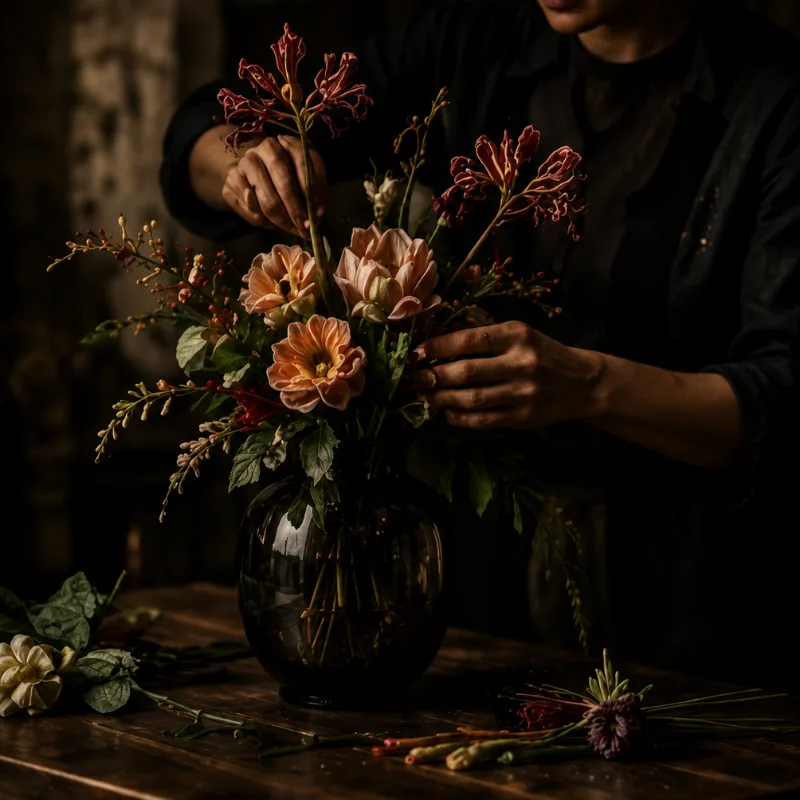 Floristė kuria egzotinių gėlių kompoziciją juodoje vazoje